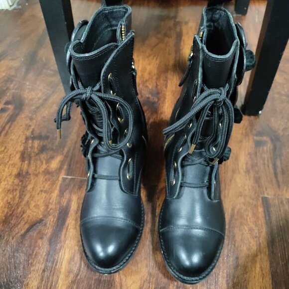 Valentino Garavani Black Leather Floral Applique Combat Boots Women's Size 6 - Picture 6 of 11